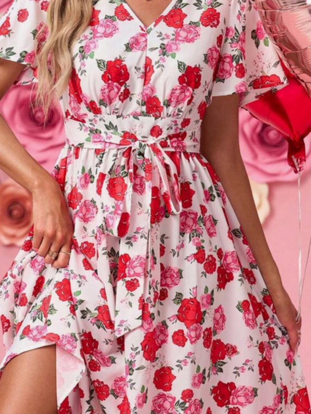 Shein Red Rose V-Nech Cinched Waist Short Sleeve Mid-Length Dress